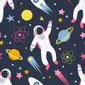 Seamless pattern on the theme of space. pattern in flat style with astronauts, planets, stars, rockets, comets, asteroids Royalty Free Stock Photo